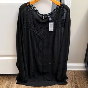 NWT Sexy Sheer Long Black Torrid Blouse, Size 6 (30) with Lace Bib